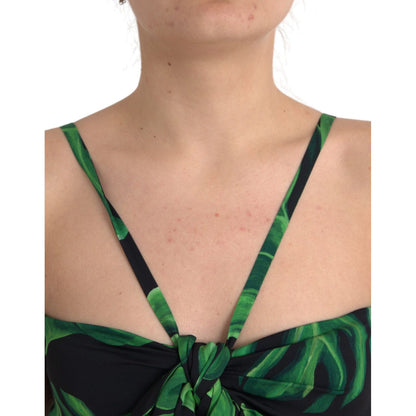 Dolce & Gabbana Black Green Leaf Silk Halter Cropped Top