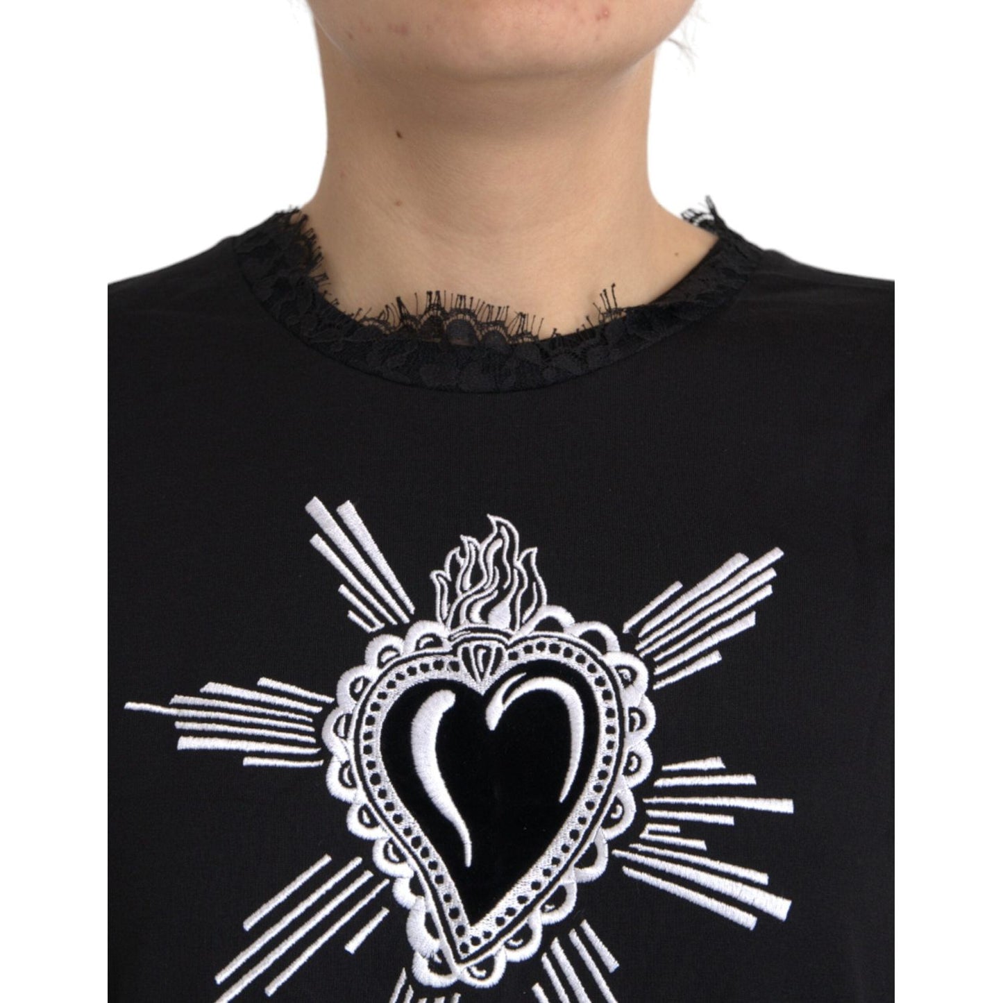 Dolce & Gabbana Black Sacred Heart Print Cotton Lace T-shirt Dolce & Gabbana