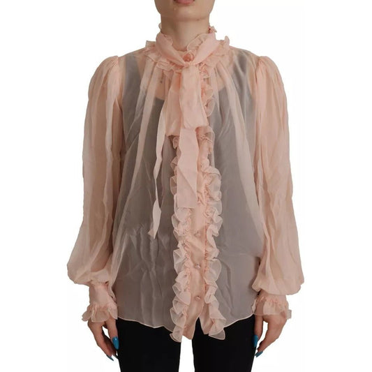 Dolce & Gabbana Light Pink Silk Ascot Collar Long Sleeves Top Dolce & Gabbana