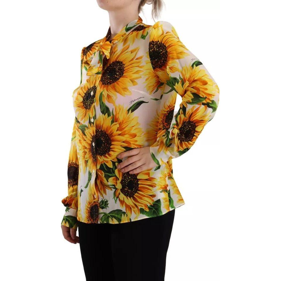 Dolce & Gabbana White Sunflower Silk Ascot Collar Blouse Top Dolce & Gabbana