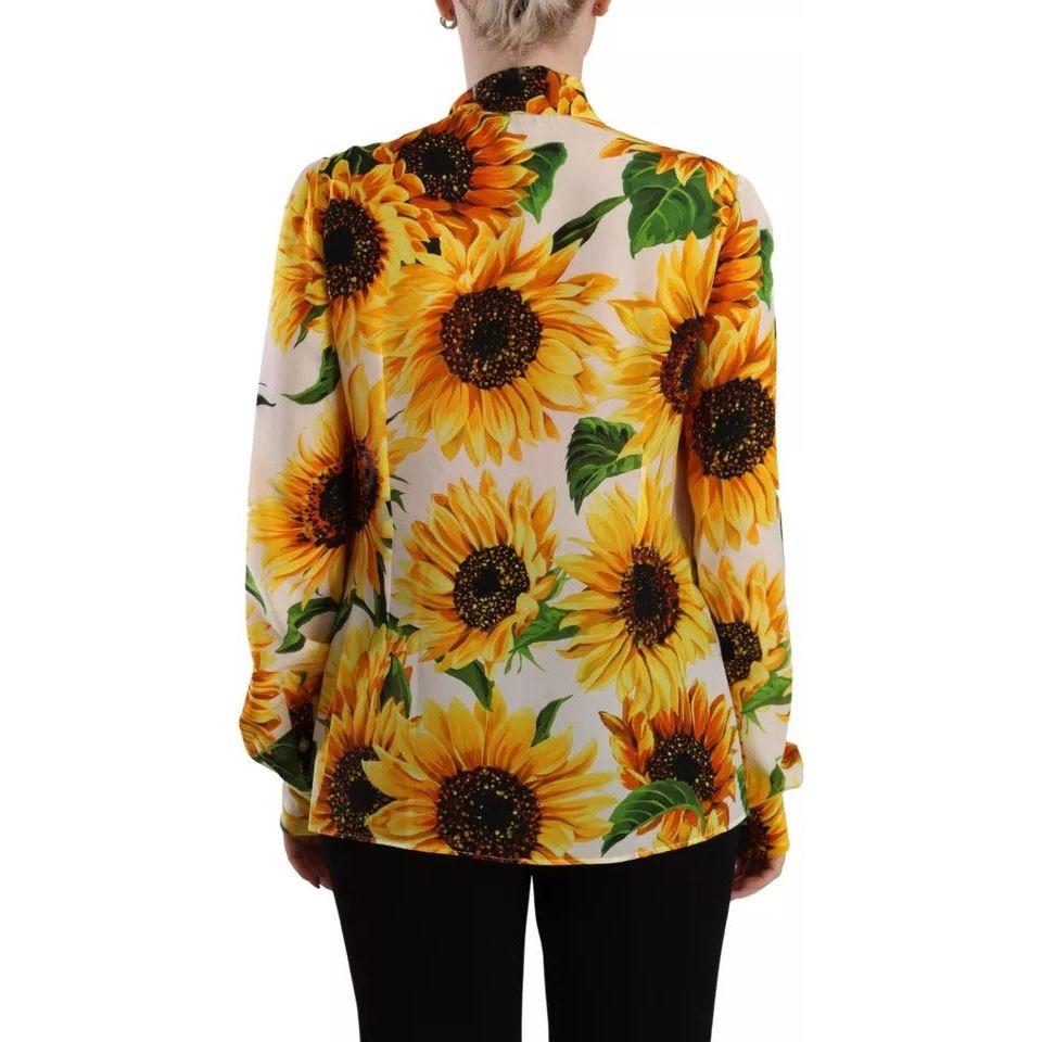 Dolce & Gabbana White Sunflower Silk Ascot Collar Blouse Top Dolce & Gabbana