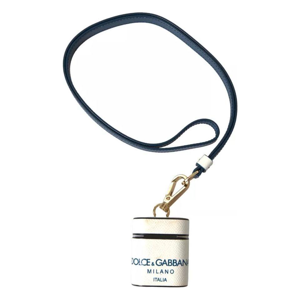 Dolce & Gabbana White Blue Calf Leather Logo Print Strap Airpods Case Dolce & Gabbana