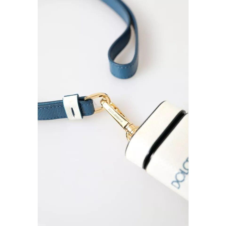 Dolce & Gabbana White Blue Calf Leather Logo Print Strap Airpods Case Dolce & Gabbana