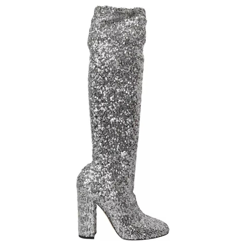 Dolce & Gabbana Silver Sequined High Boots Stretch Shoes Dolce & Gabbana