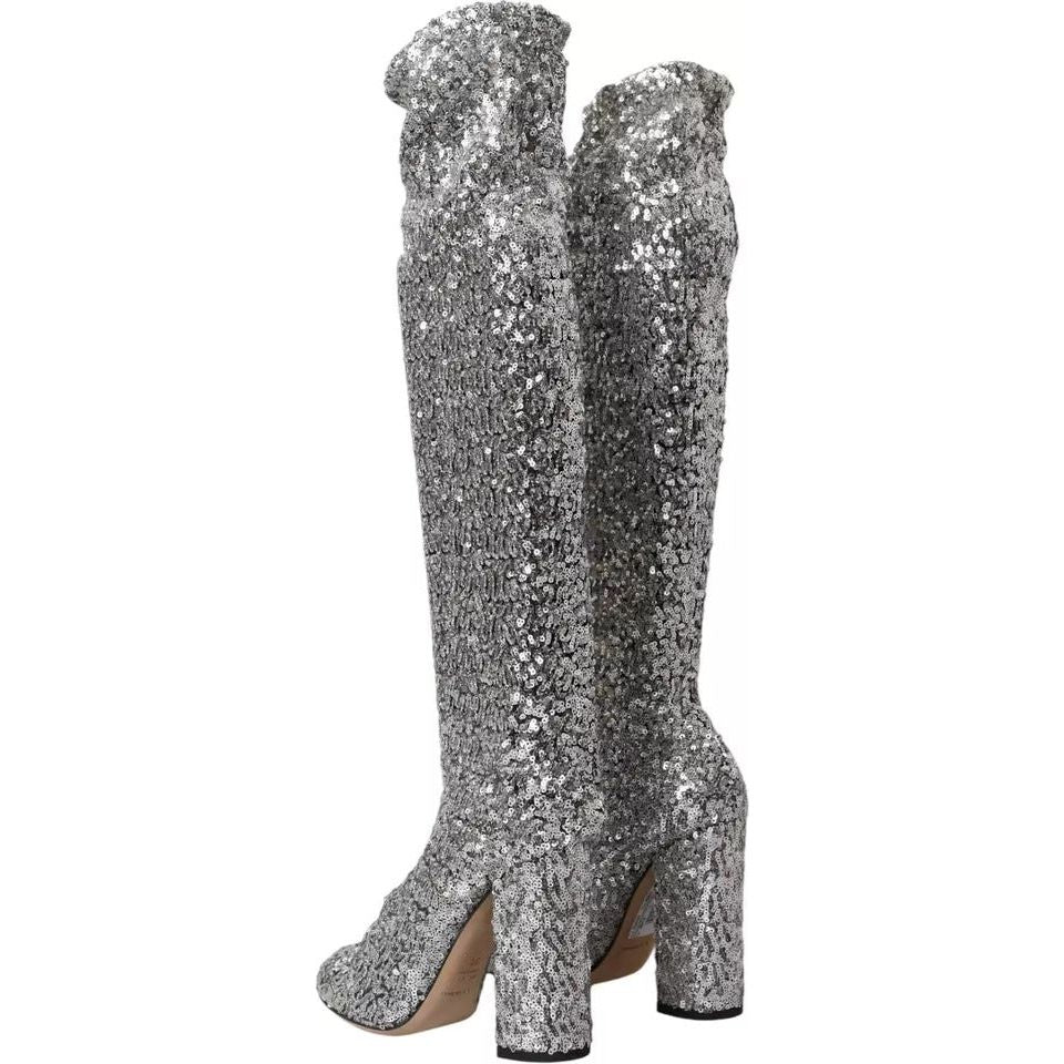 Dolce & Gabbana Silver Sequined High Boots Stretch Shoes Dolce & Gabbana