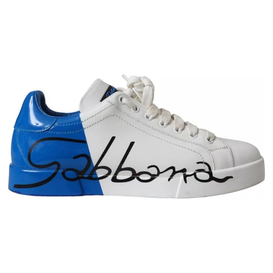 Dolce & Gabbana White Blue Leather Logo Low Top Sneakers Men Shoes Dolce & Gabbana