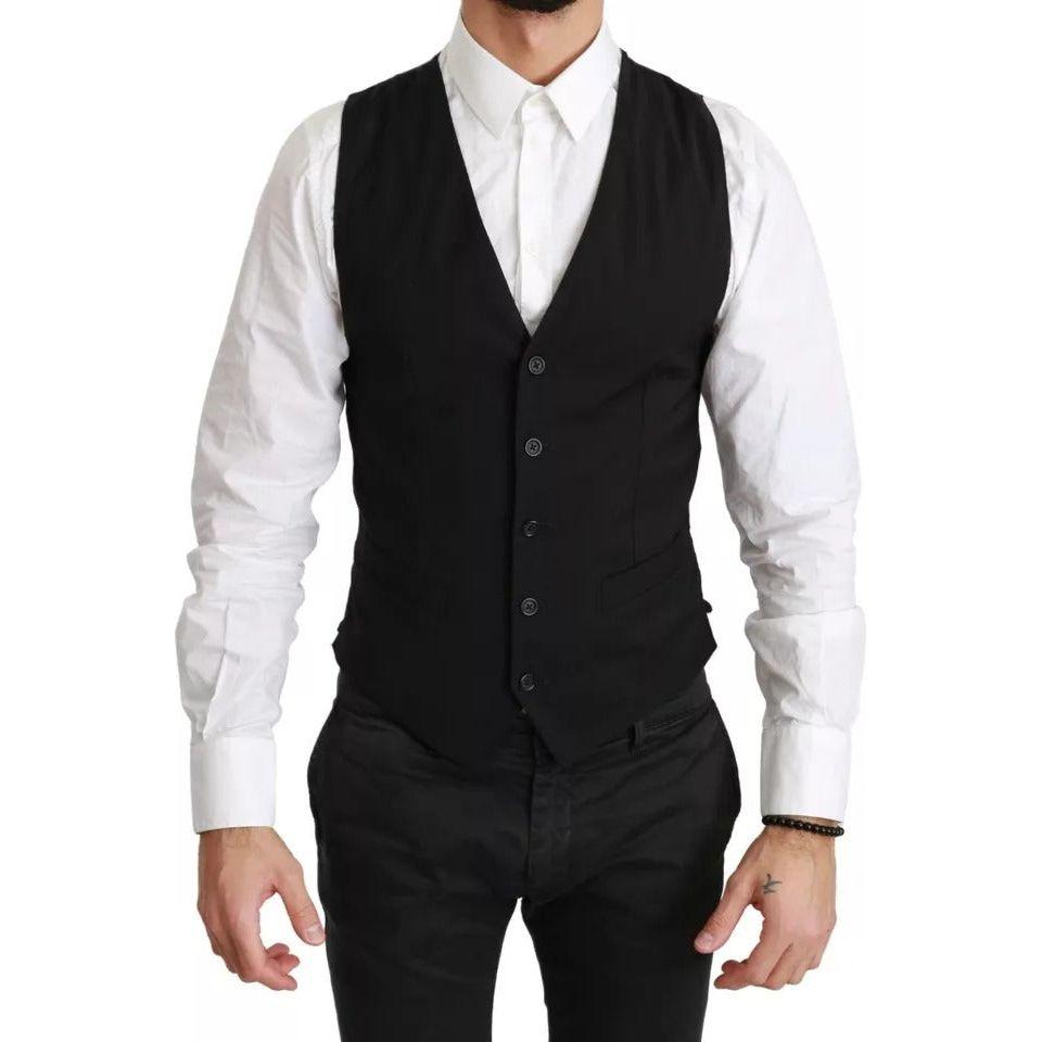 Dolce & Gabbana Black Solid STAFF Slim Fit Waistcoat Vest Dolce & Gabbana Light Gray