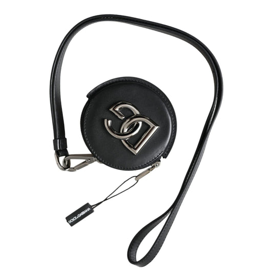Dolce & Gabbana Black Round Leather DG Logo Coin Purse Lanyard Wallet
