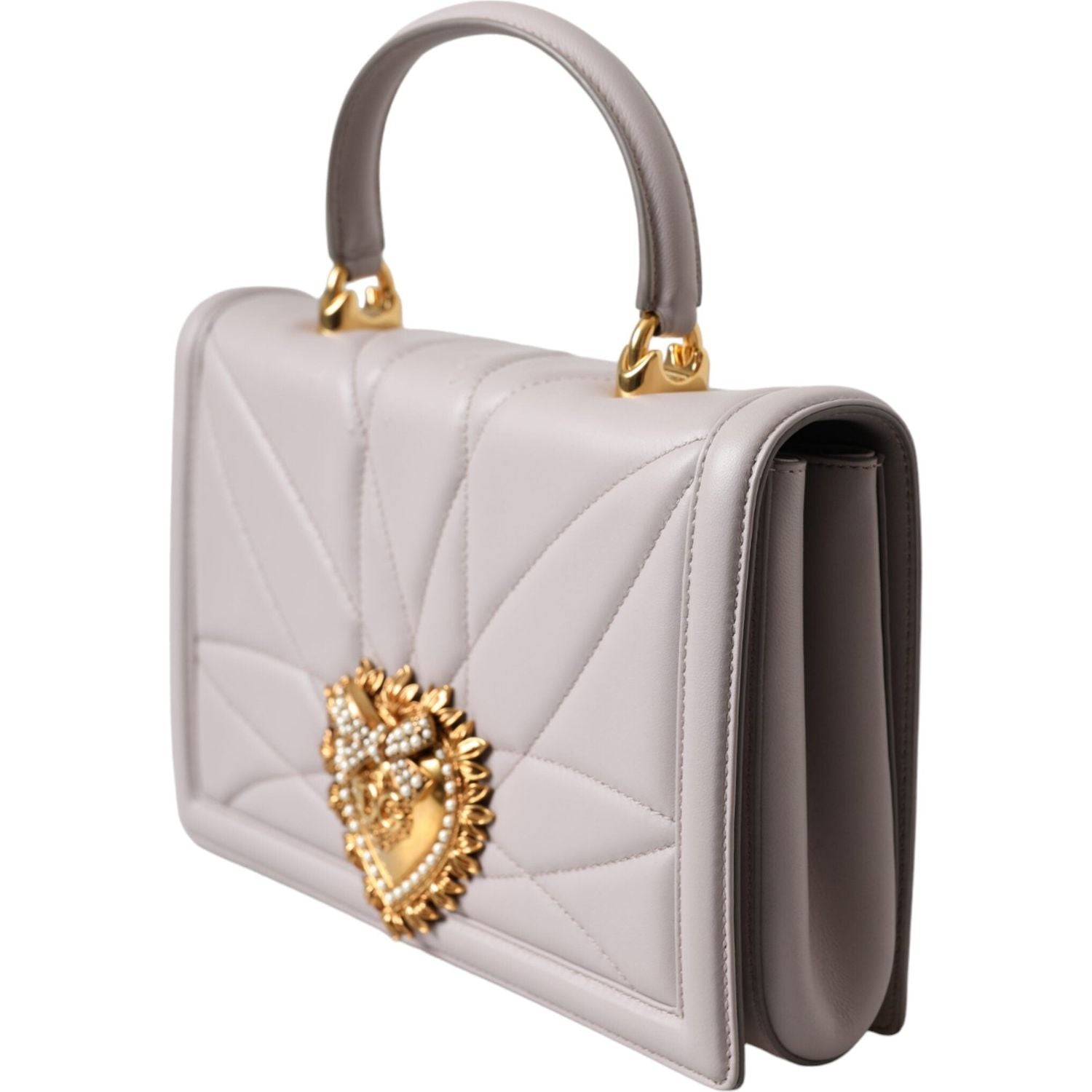 Dolce & Gabbana Light Gray Devotion Gold Heart Leather Shoulder Bag