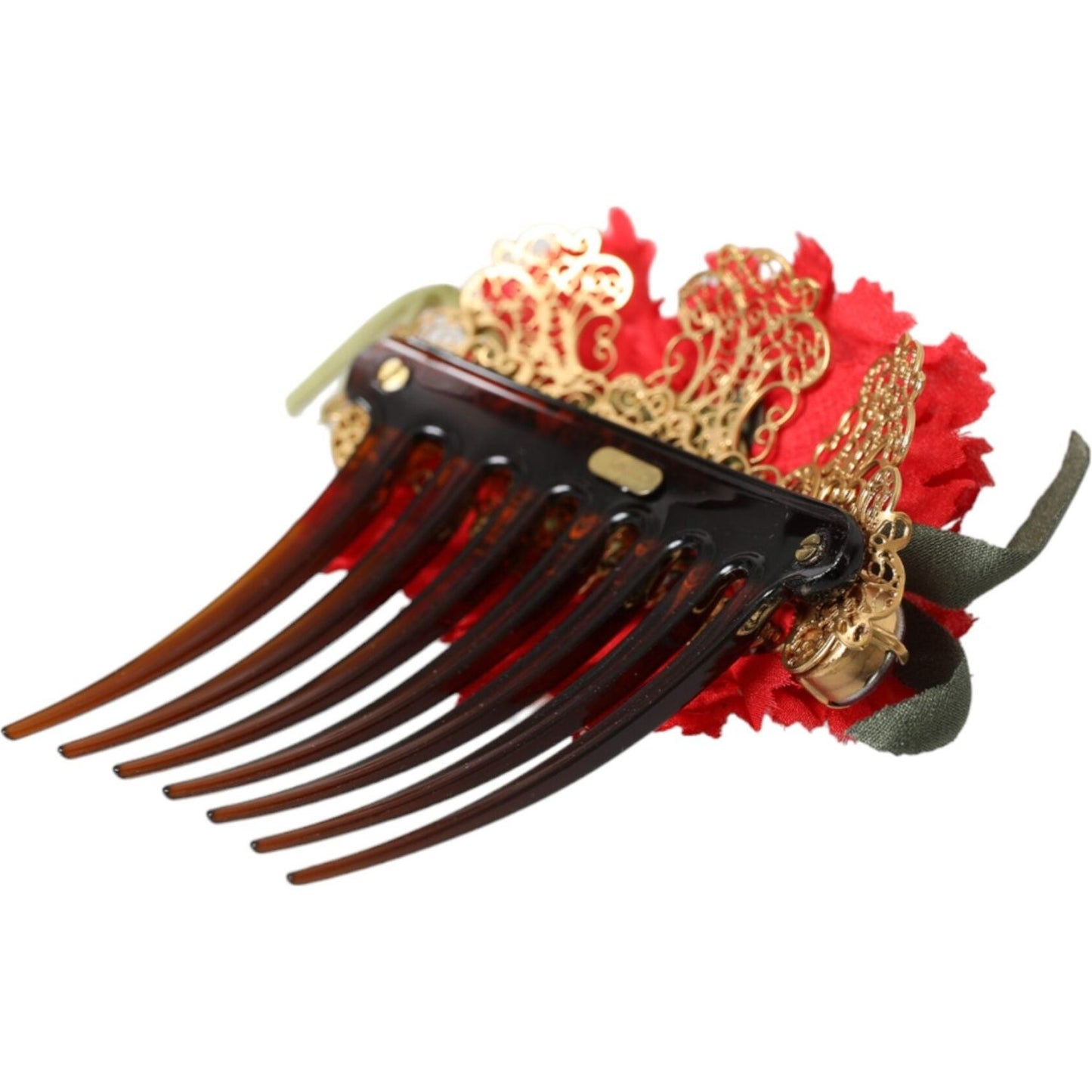 Dolce & Gabbana Red Silk Floral Gold Brass Women Hair Comb Dolce & Gabbana