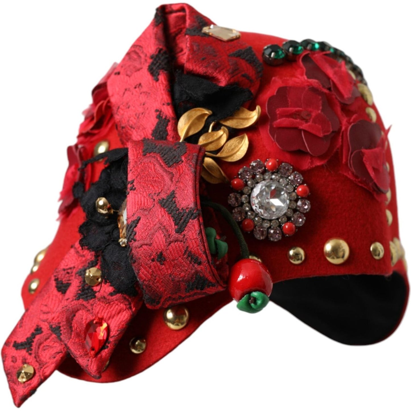 Dolce & Gabbana Red Crystal Gold Roses Brooch Embellished Hat Dolce & Gabbana