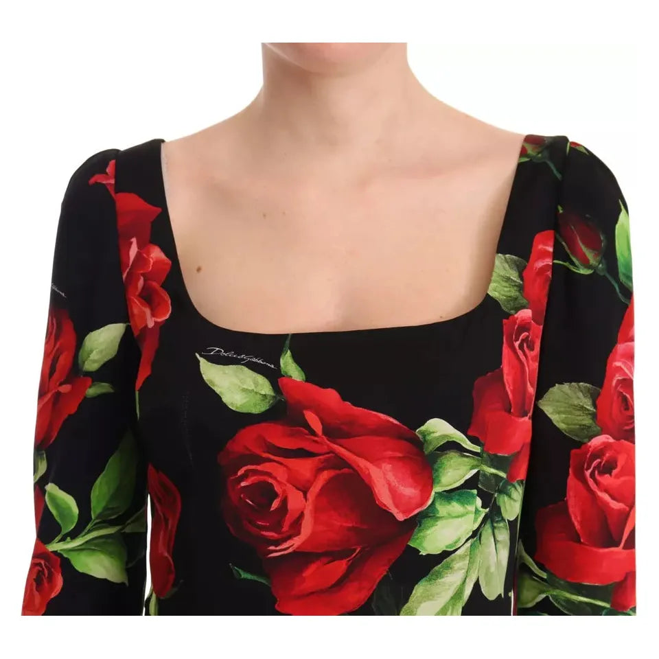 Dolce & Gabbana Black Red Roses Sheath Silk Stretch Dress Dolce & Gabbana