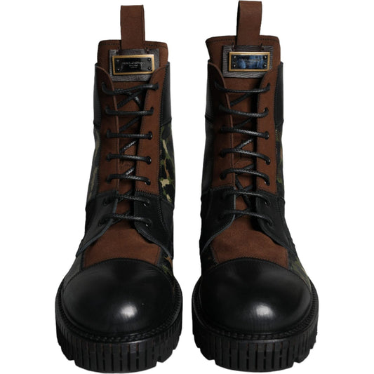 Dolce & Gabbana Brown Suede Camouflage Leather Combat Boots Shoes Dolce & Gabbana