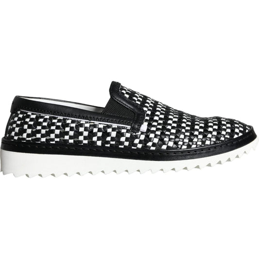 Dolce & Gabbana Black White Weaved Slip On Men Loafers Shoes Dolce & Gabbana