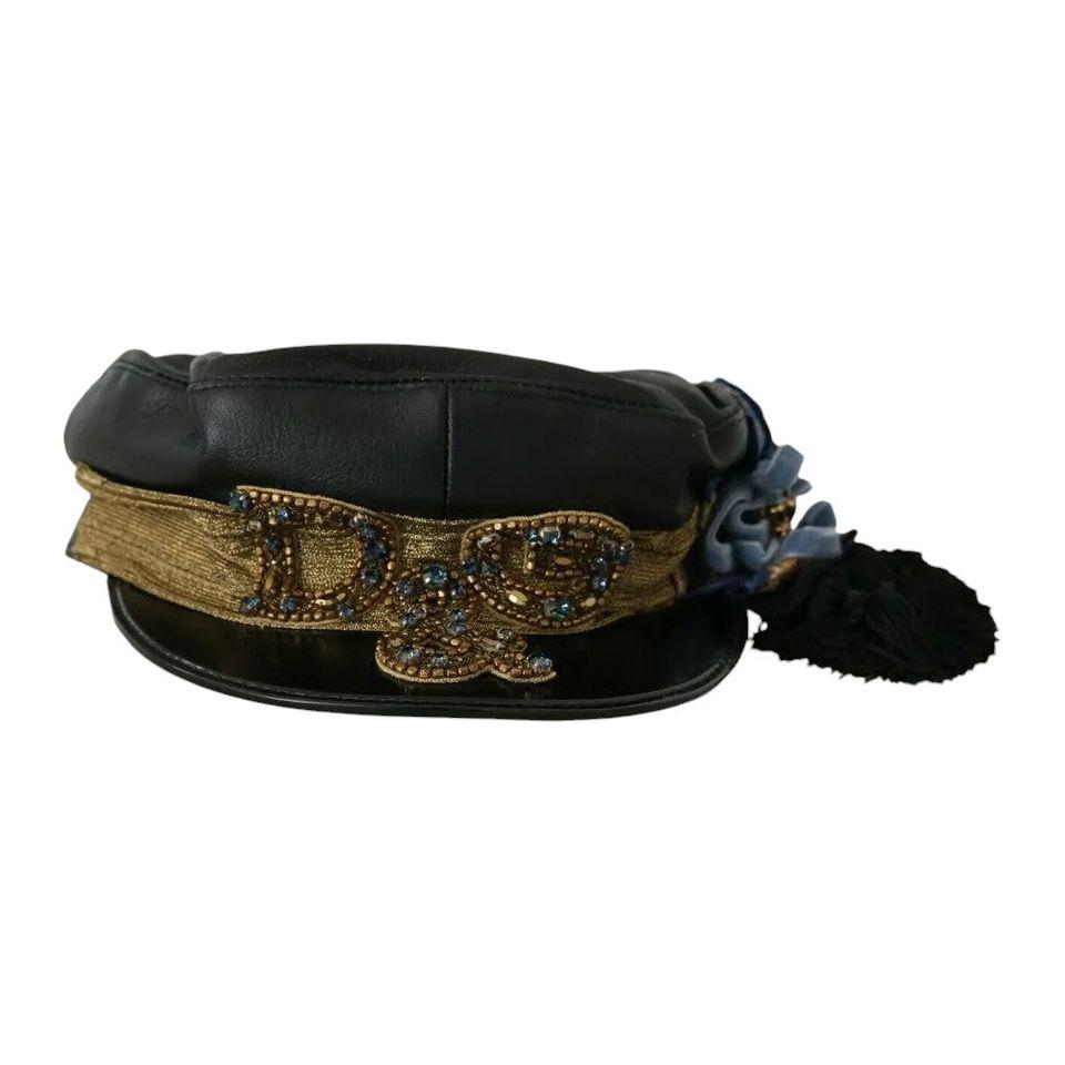 Dolce & Gabbana Black Leather Crystal Beads Gold Ribbon Fiddler Cap Dolce & Gabbana