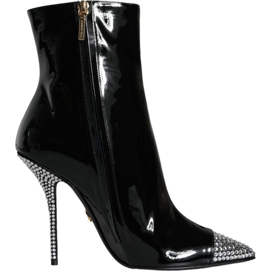 Dolce & Gabbana Black Patent Leather Crystal Heel Boots Shoes