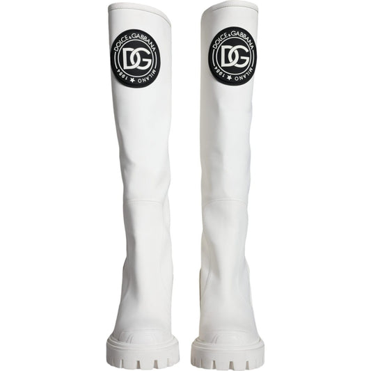 Dolce & Gabbana White Cotton Logo Heels Knee High Boots Shoes Dolce & Gabbana