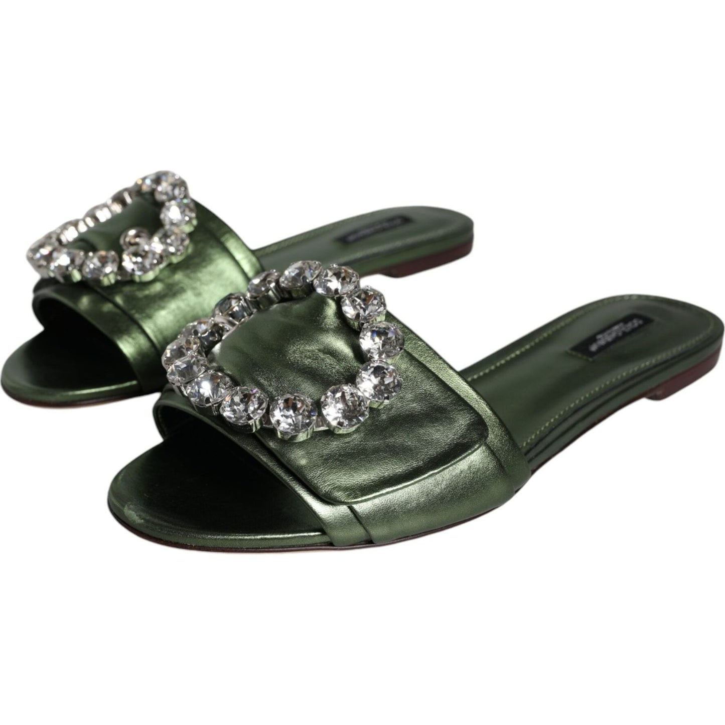 Dolce & Gabbana Metallic Green Crystal Leather Flats Sandals Shoes Dolce & Gabbana