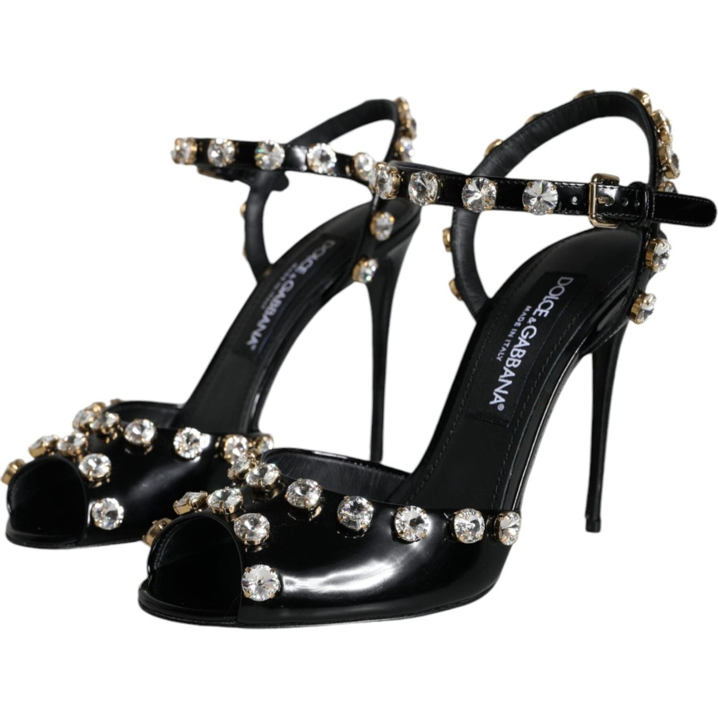 Dolce & Gabbana Black Leather Crystal Ankle Strap Sandals Shoes Dolce & Gabbana