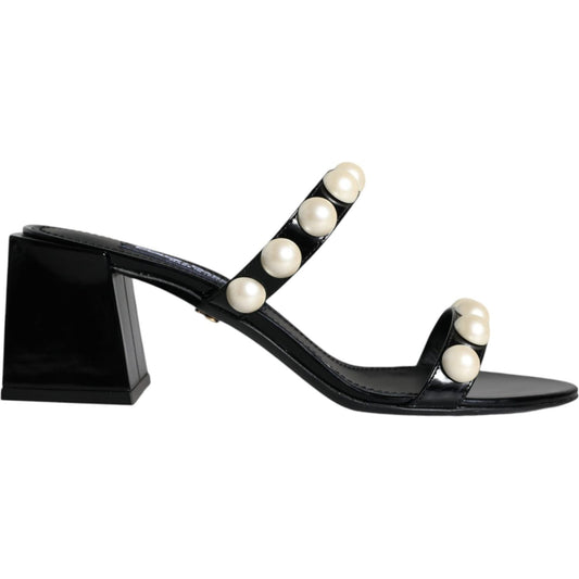 Dolce & Gabbana Black Leather Pearls Slides Sandals Shoes Dolce & Gabbana