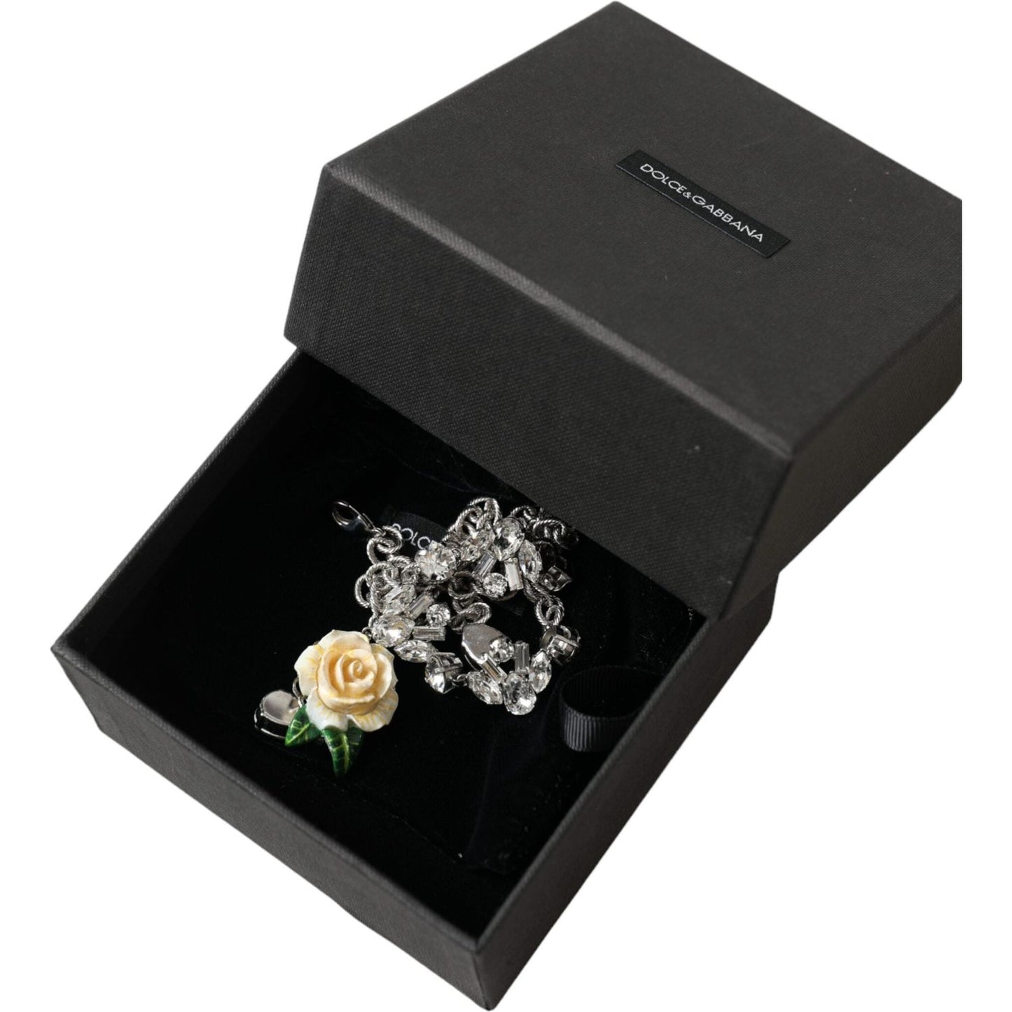 Dolce & Gabbana Silver Brass Clear Crystal Roses Pendants Necklace Dolce & Gabbana