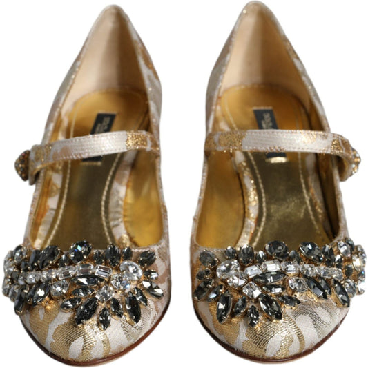 Dolce & Gabbana Gold Jacquard Crystal Mary Janes Pumps Shoes Dolce & Gabbana