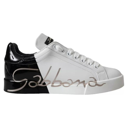 Dolce & Gabbana White Black Portofino Low Top Leather Sneakers Shoes Dolce & Gabbana