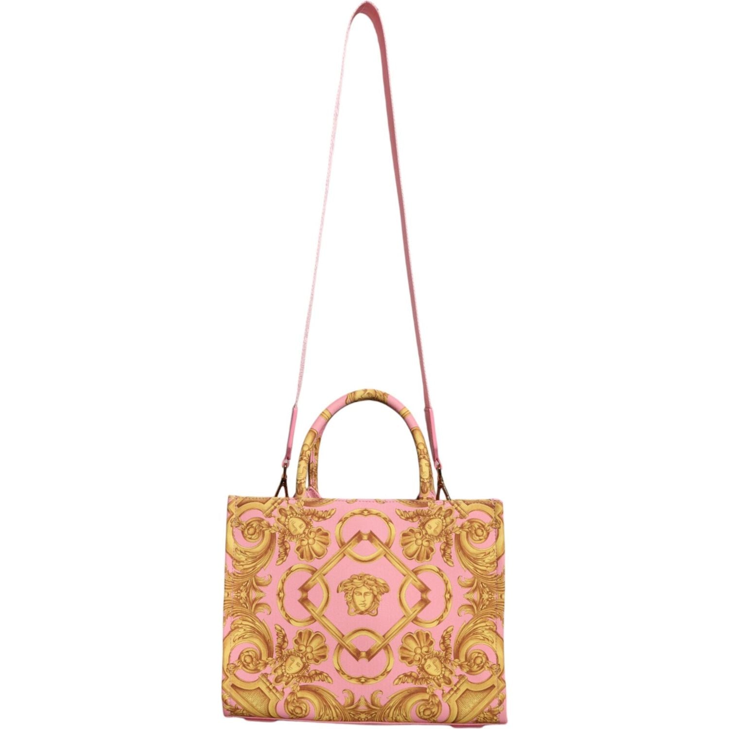 Versace Pink Yellow Baroque Fabric Leather Shopping Tote Bag