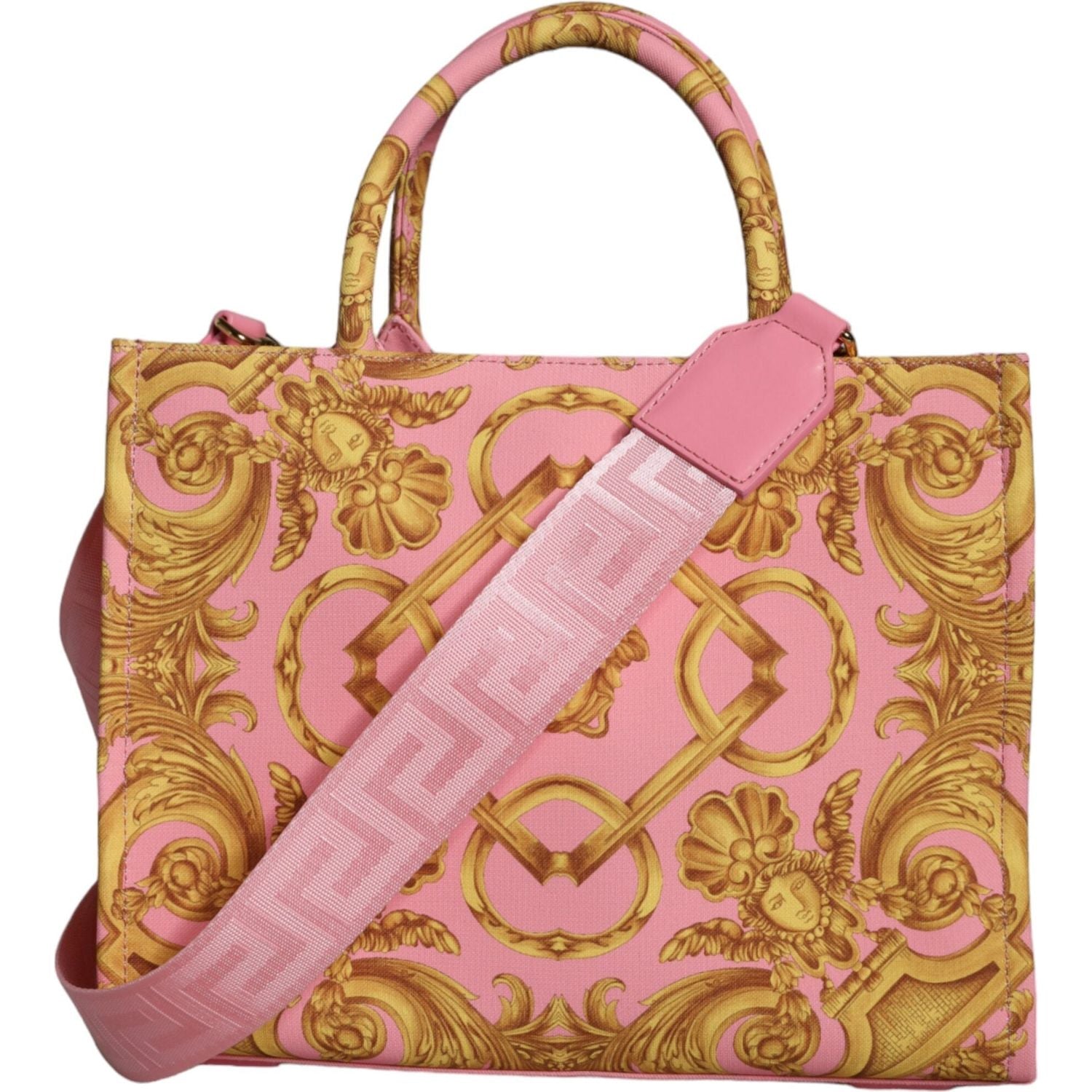 Versace Pink Yellow Baroque Fabric Leather Shopping Tote Bag