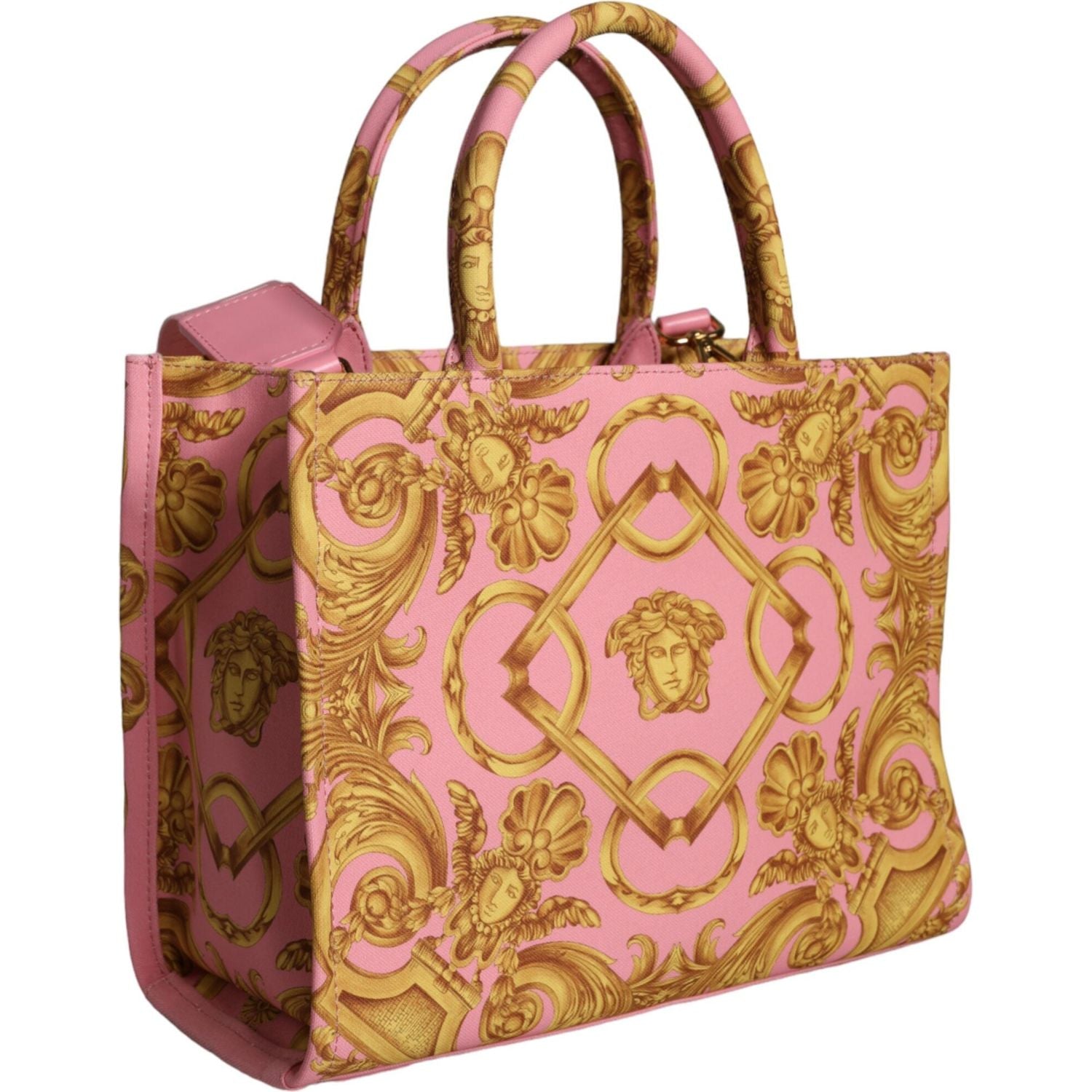 Versace Pink Yellow Baroque Fabric Leather Shopping Tote Bag