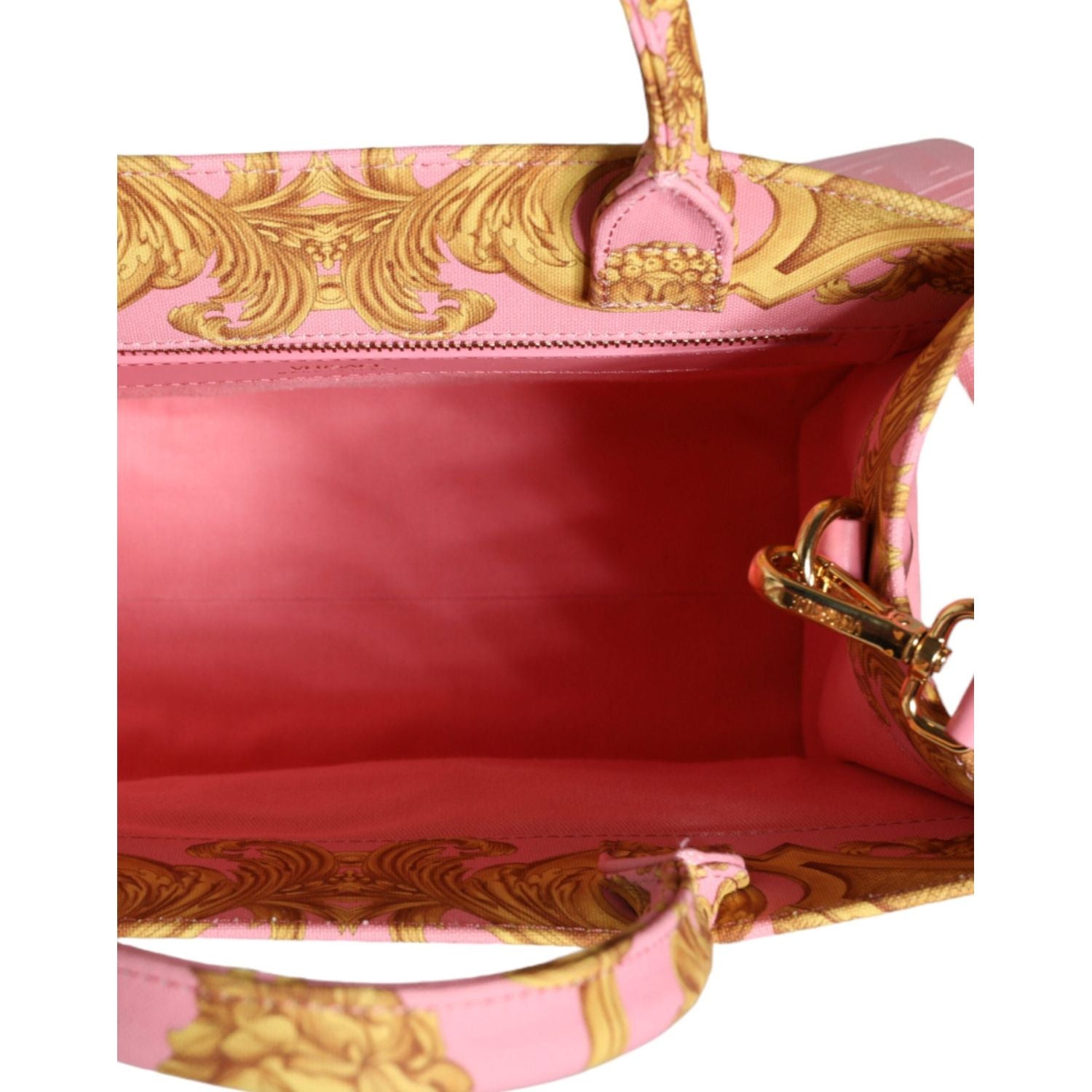 Versace Pink Yellow Baroque Fabric Leather Shopping Tote Bag