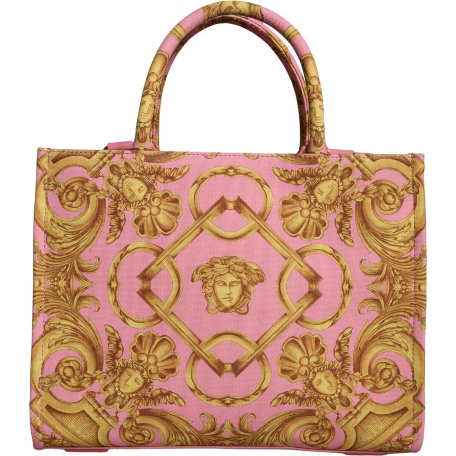 Versace Pink Yellow Baroque Fabric Leather Shopping Tote Bag