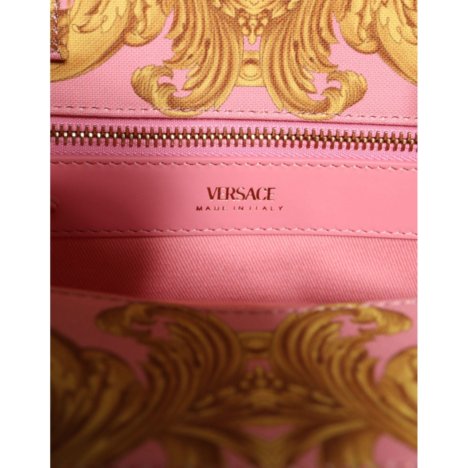 Versace Pink Yellow Baroque Fabric Leather Shopping Tote Bag