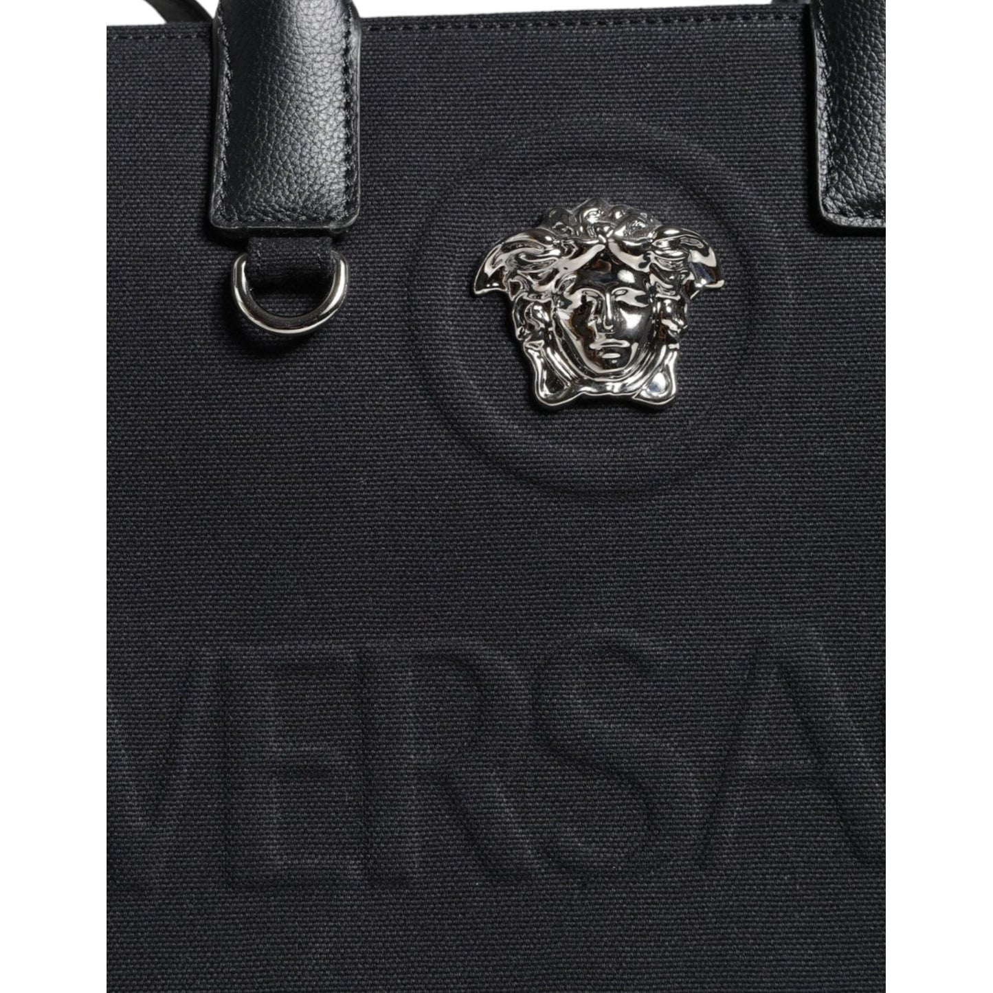 Versace Black Top Handle Canvas Leather Logo Crossbody Tote Bag Versace