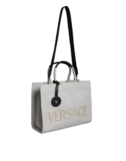 Versace White Top Handle Canvas Leather Logo Crossbody Tote Bag Versace