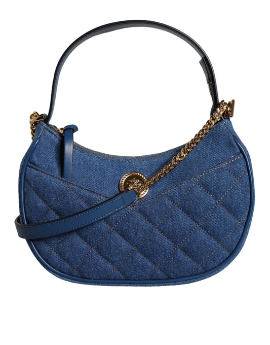 Versace Blue Quilted Denim Leather Top Handle Shoulder Bag Versace