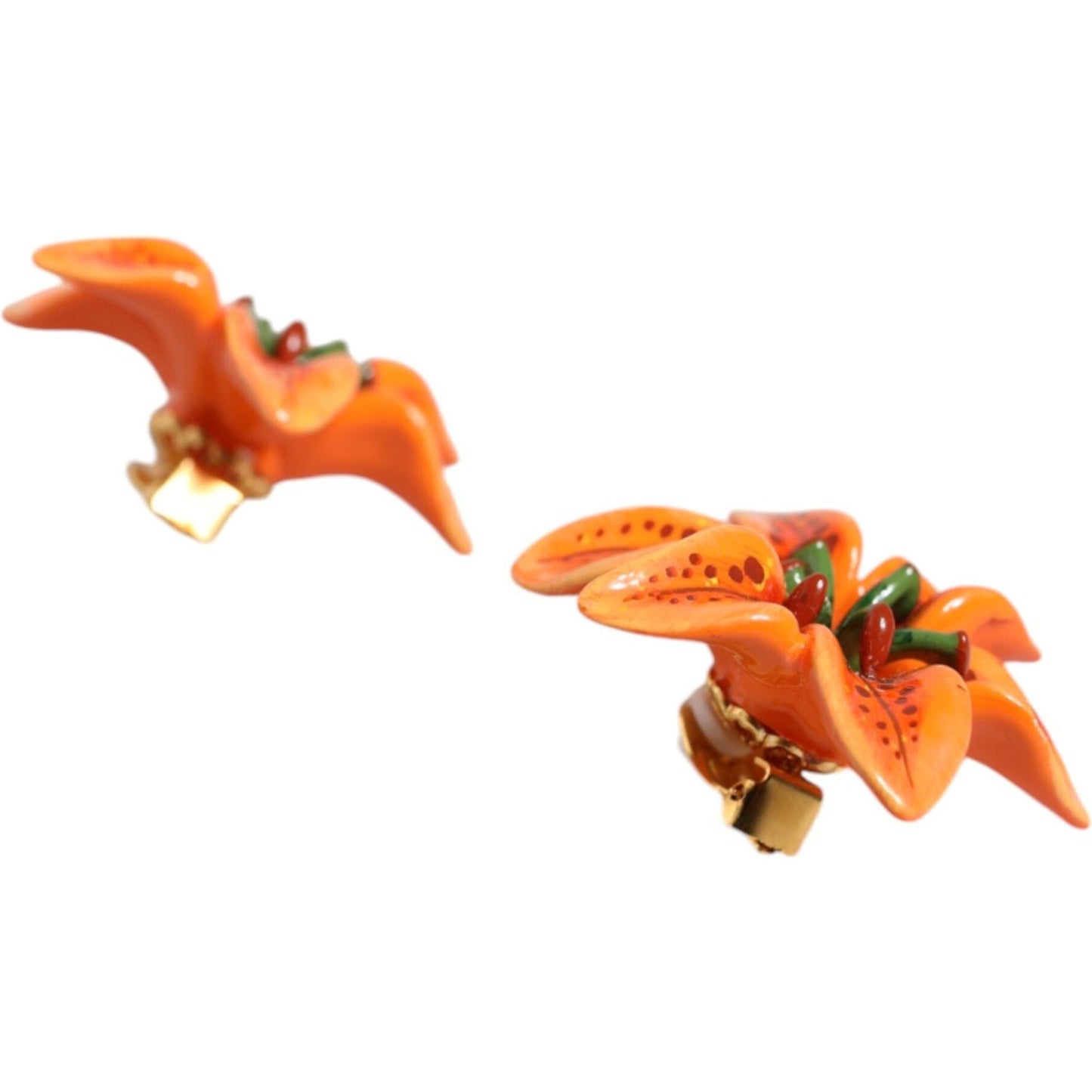 Dolce & Gabbana Orange Green Gold Brass Lily Flower Clip Floral Earrings Dolce & Gabbana