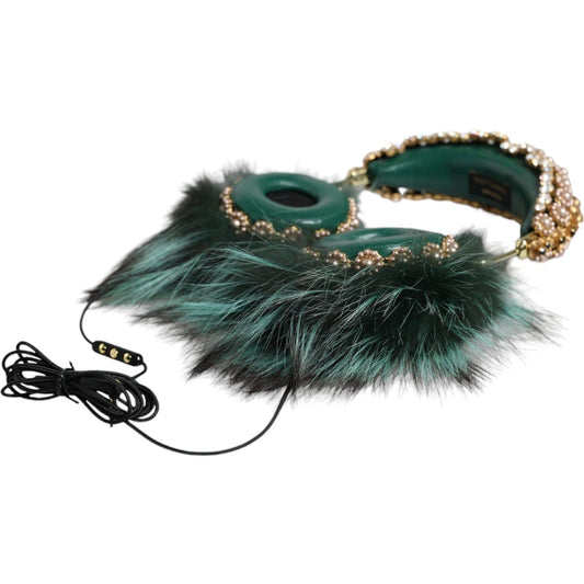 Dolce & Gabbana Green Gold Crystal Fur Headset Audio AUX Headphones Dolce & Gabbana