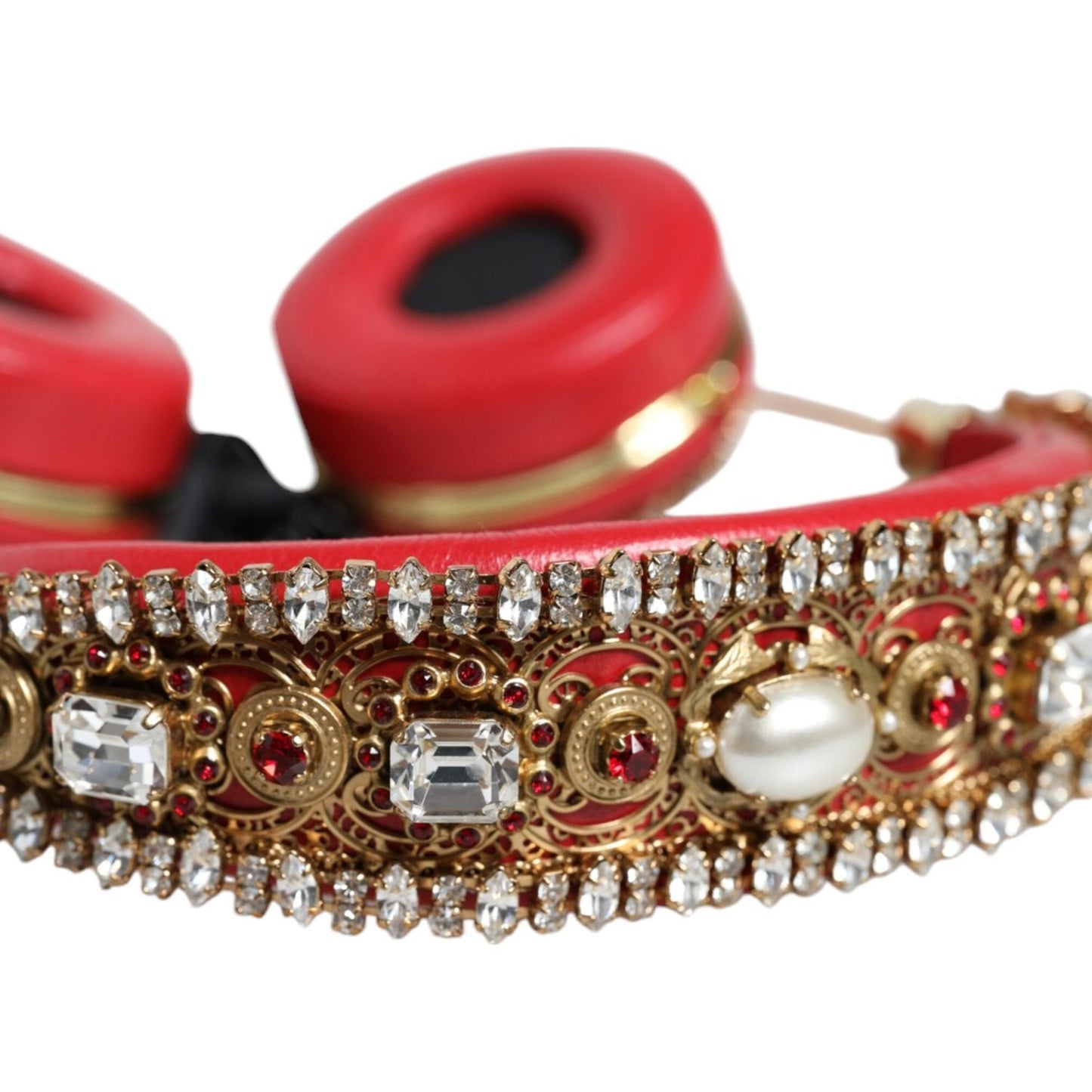 Dolce & Gabbana Red Nappa Leather Floral Crystal Headphone Dolce & Gabbana