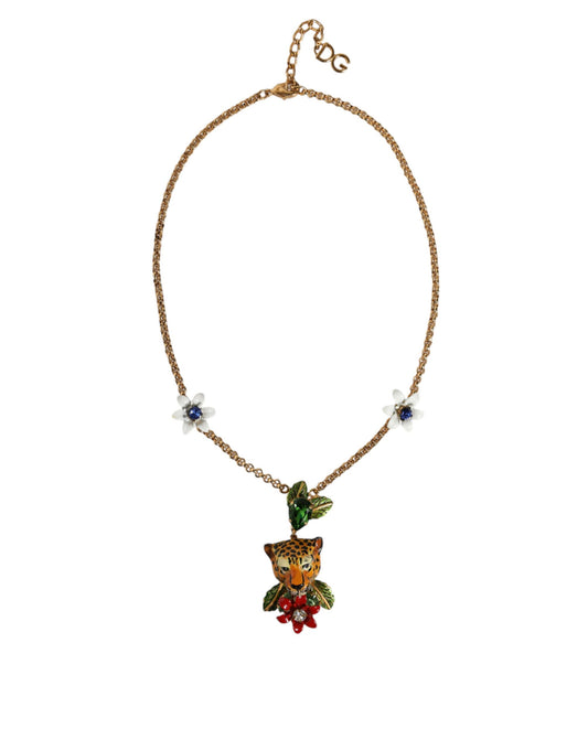 Dolce & Gabbana Gold Brass Leopard Flower Embellished Statement Necklace Dolce & Gabbana