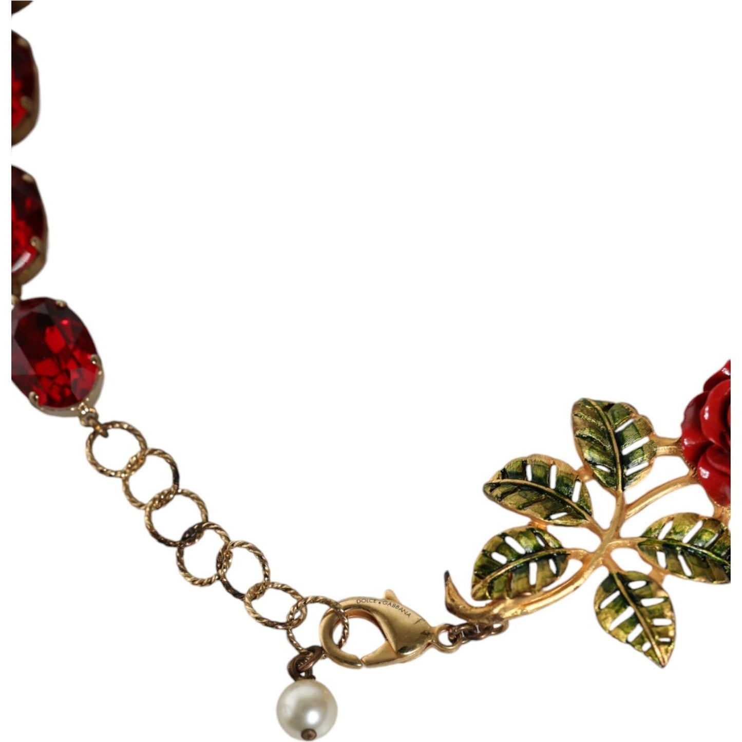 Dolce & Gabbana Gold Chain Brass Red Rose Crystal Embellished Necklace Dolce & Gabbana