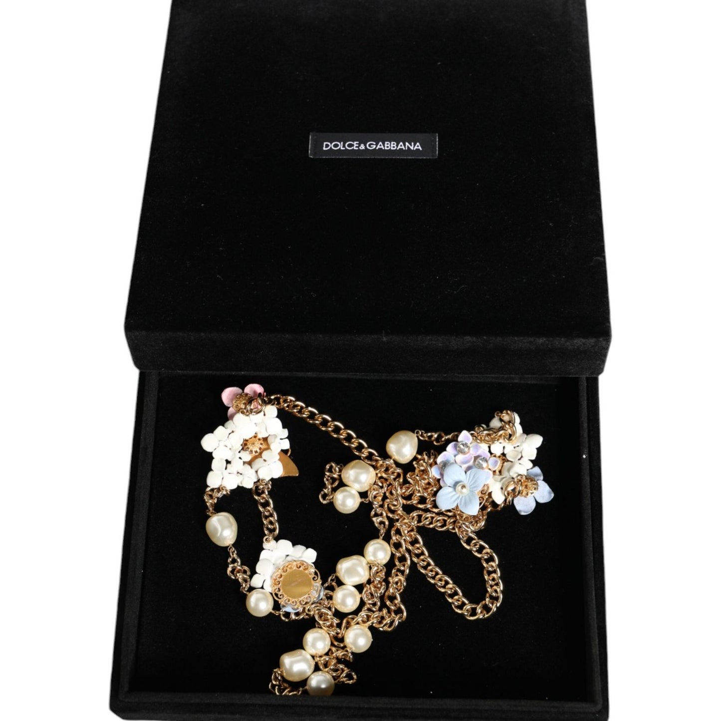 Dolce & Gabbana Gold Chain Brass Floral Layered Crystal Pearl Necklace Dolce & Gabbana