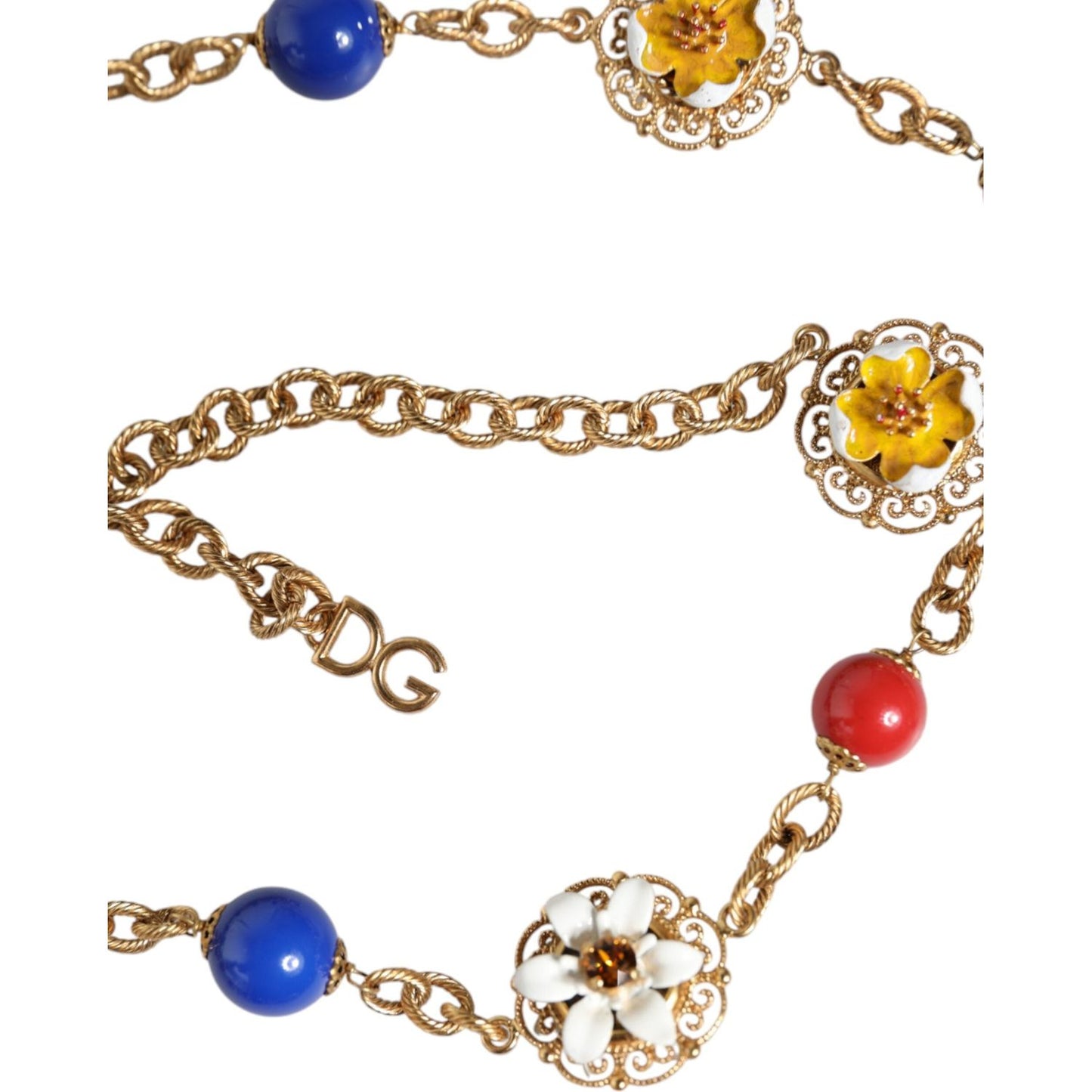 Dolce & Gabbana Gold Tone Brass Chain Floral Crystal Beaded Necklace Dolce & Gabbana