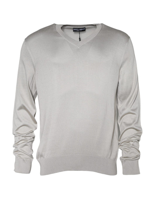 Dolce & Gabbana Off White Silk V-neck Long Sleeves Pullover Sweater Dolce & Gabbana