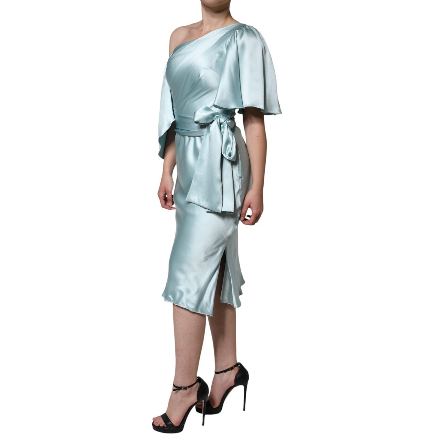 Dolce & Gabbana Mint Green Silk Fit Cut One Shoulder Dress Dolce & Gabbana