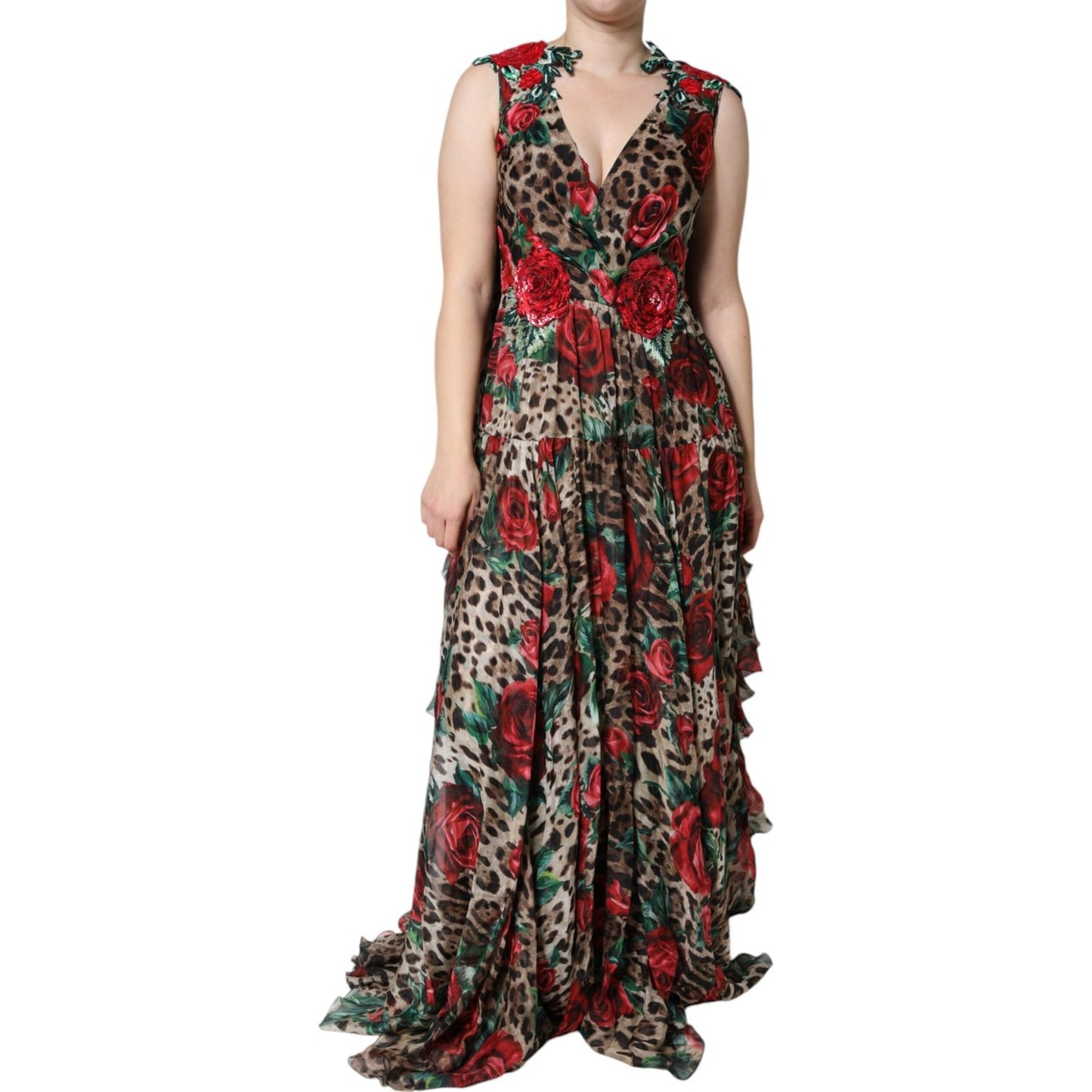 Dolce & Gabbana Brown Leopard Red Roses Silk Long Gown Dress Dolce & Gabbana