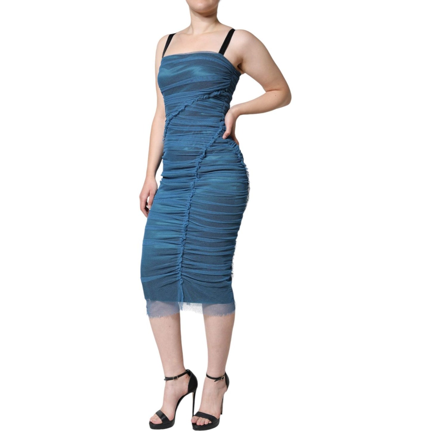 Dolce & Gabbana Blue Mesh Trim Ruched Tulle Sheath Dress Dolce & Gabbana