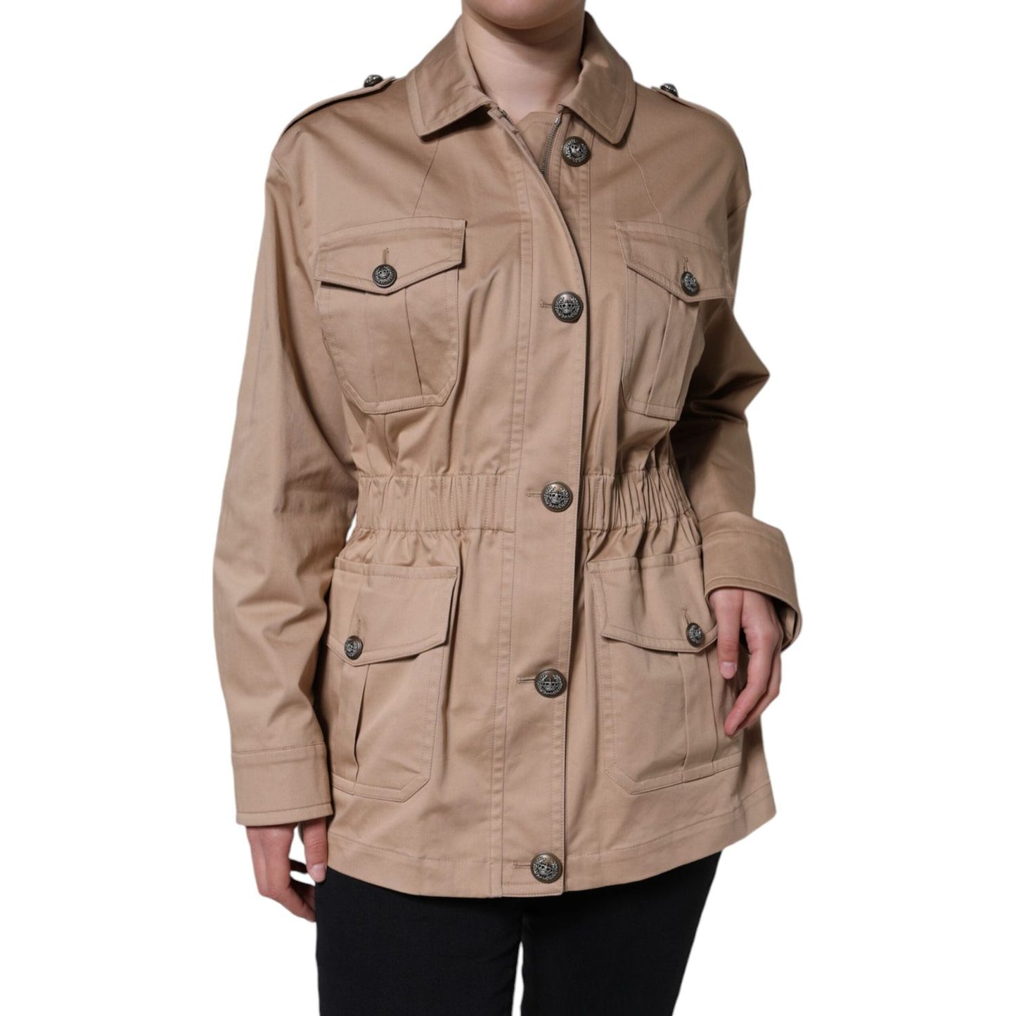 Dolce & Gabbana Beige Cotton Long Sleeve Collared Coat Jacket Dolce & Gabbana