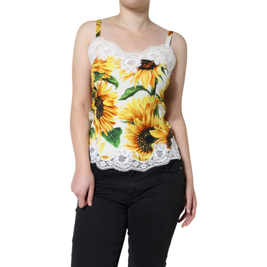 Dolce & Gabbana White Silk Sunflower Lace Sleeveless Tank Top Dolce & Gabbana