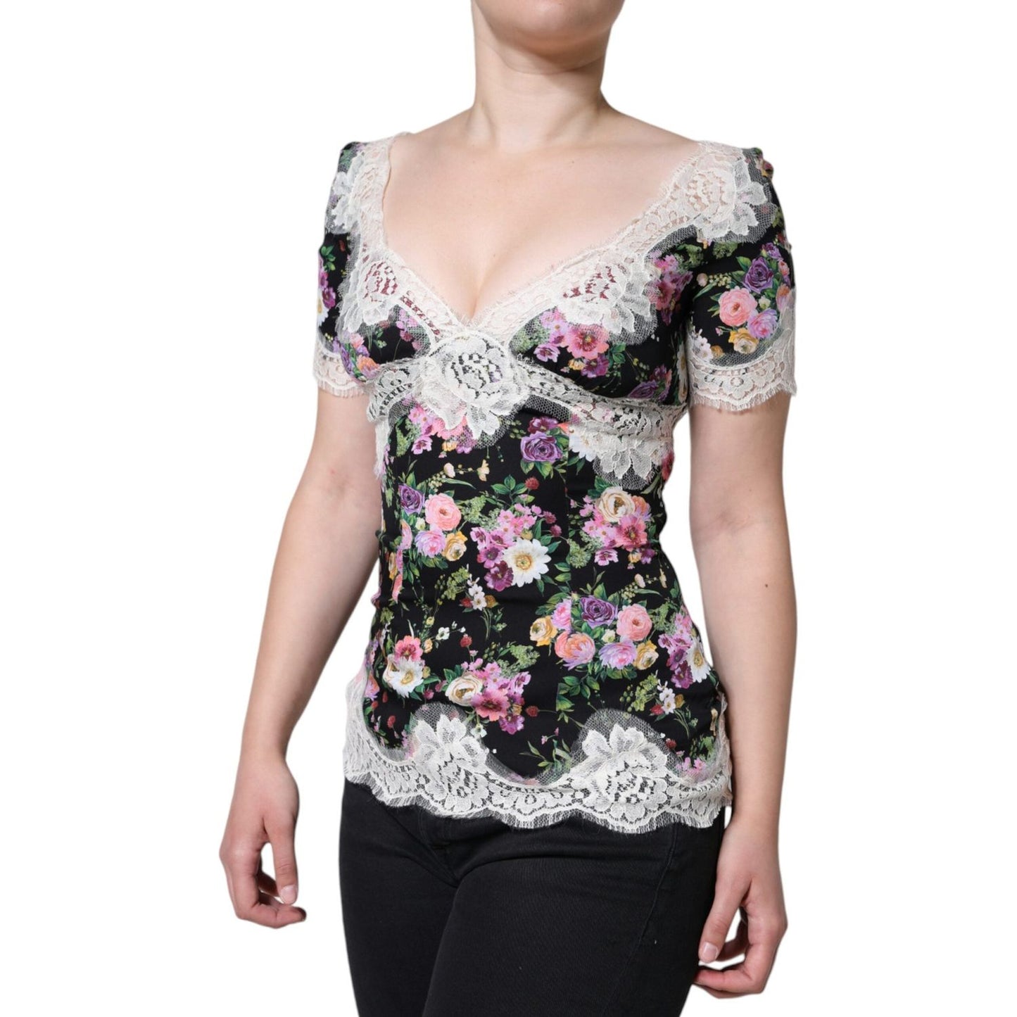 Dolce & Gabbana Black Floral Lace Short Sleeves Blouse Top Dolce & Gabbana